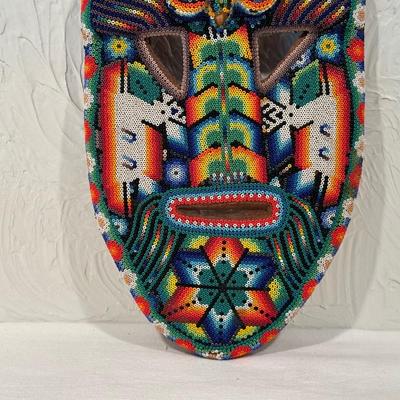 MEXICAN HUICHOL WIXARIKA FOLK ART BEADED MASK SACRED SYMBOLS