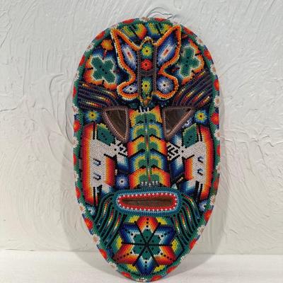 MEXICAN HUICHOL WIXARIKA FOLK ART BEADED MASK SACRED SYMBOLS