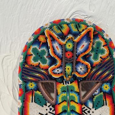 MEXICAN HUICHOL WIXARIKA FOLK ART BEADED MASK SACRED SYMBOLS