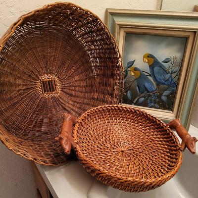 SMALLER OIL PAINTING AND 2 BASKETS