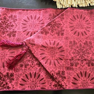Martha Stewart Maroon Table Runner, Placemats, and Gold Fringe Tablecloth