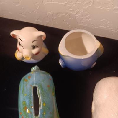 PIG BUTTER DISH LID, SALT SHAKER AND BANKS