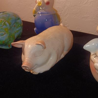 PIG BUTTER DISH LID, SALT SHAKER AND BANKS