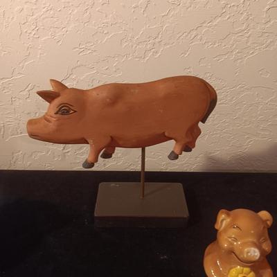 WOODEN, BRASS AND CERAMIC PIGS