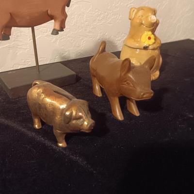 WOODEN, BRASS AND CERAMIC PIGS