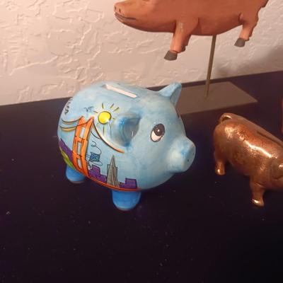 WOODEN, BRASS AND CERAMIC PIGS