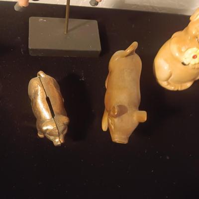 WOODEN, BRASS AND CERAMIC PIGS