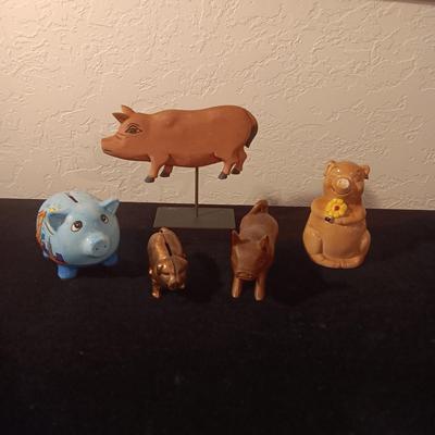 WOODEN, BRASS AND CERAMIC PIGS