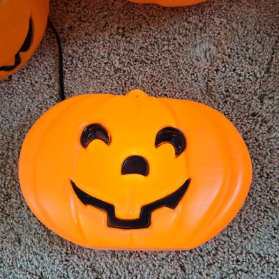 (2) Light Up Jack O Lanterns Decor and (1) Candy Bucket