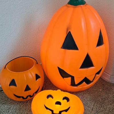 (2) Light Up Jack O Lanterns Decor and (1) Candy Bucket