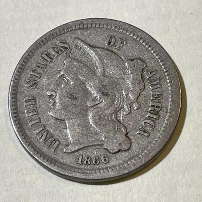 1866 VG/FINE CONDITION THREE CENT NICKEL TYPE COIN AS PICTURED.
