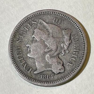 1867 VERY GOOD CONDITION THREE CENT NICKEL TYPE COIN AS PICTURED.