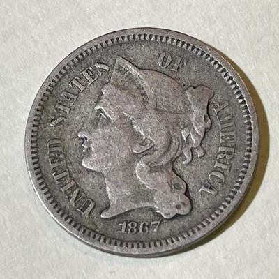 1867 VERY GOOD CONDITION THREE CENT NICKEL TYPE COIN AS PICTURED.