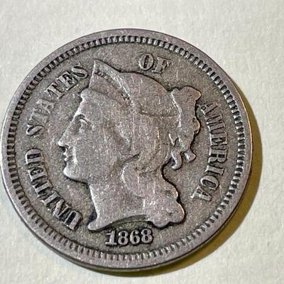 1868 VERY GOOD+ CONDITION THREE CENT NICKEL TYPE COIN AS PICTURED.