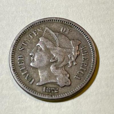 1872 FINE/VF CONDITION THREE CENT NICKEL TYPE COIN AS PICTURED.