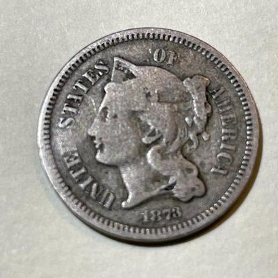 1873 GOOD CONDITION THREE CENT NICKEL TYPE COIN AS PICTURED.