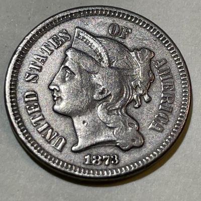 1873 VERY FINE CONDITION THREE CENT NICKEL TYPE COIN AS PICTURED.