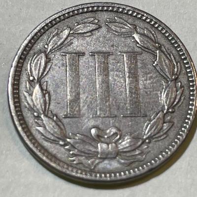 1873 VERY FINE CONDITION THREE CENT NICKEL TYPE COIN AS PICTURED.