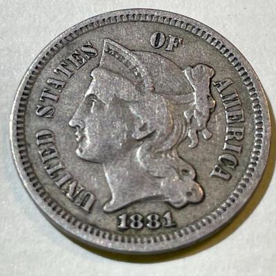1881 VERY FINE CONDITION THREE CENT NICKEL TYPE COIN AS PICTURED.
