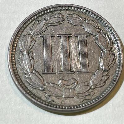 1865 EF/AU CONDITION/SEVERELY SCRATCHED THREE CENT NICKEL TYPE COIN AS PICTURED.