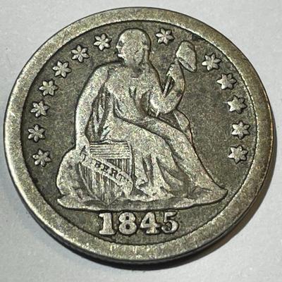 1845 FINE CONDITION LIBERTY SEATED SILVER DIME AS PICTURED.