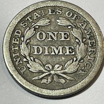 1845 FINE CONDITION LIBERTY SEATED SILVER DIME AS PICTURED.