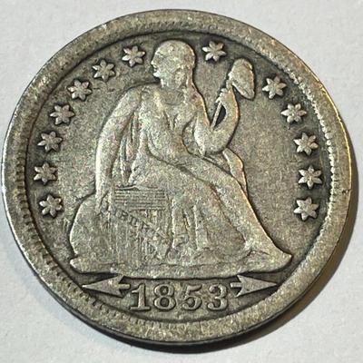 1853 w/ARROWS FINE CONDITION LIBERTY SEATED SILVER DIME AS PICTURED.