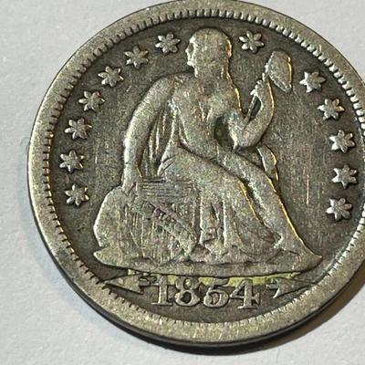 1854 w/ARROWS FINE CONDITION LIBERTY SEATED SILVER DIME AS PICTURED.