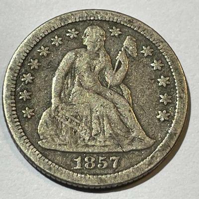 1857-O FINE CONDITION LIBERTY SEATED SILVER DIME AS PICTURED.