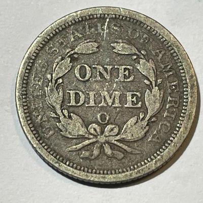 1857-O FINE CONDITION LIBERTY SEATED SILVER DIME AS PICTURED.