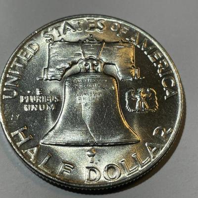 1954-D BU FULL BELL LINES CONDITION FRANKLIN SILVER HALF DOLLAR AS PICTURED.