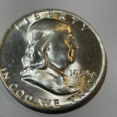 1954-D BU FULL BELL LINES CONDITION FRANKLIN SILVER HALF DOLLAR AS PICTURED.