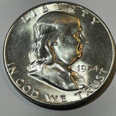 SCARCE 1954-S BU/MS65 CONDITION FULL BELL LINES FRANKLIN SILVER HALF DOLLAR AS PICTURED.