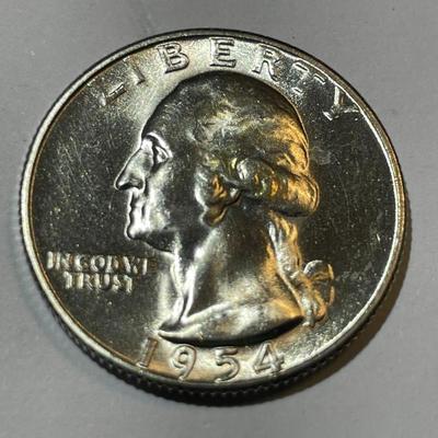1954-S CHOICE BU CONDITION WASHINGTON SILVER QUARTER AS PICTURED.