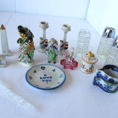 Lot of Misc Decorative Items, 3 Salt & Pepper Sets, Mini Candlesticks, More