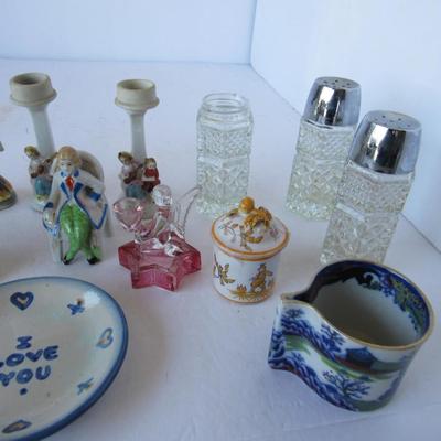 Lot of Misc Decorative Items, 3 Salt & Pepper Sets, Mini Candlesticks, More