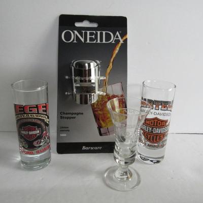 Harley Davidson Shot Glasses, Oneida Champagne Stopper