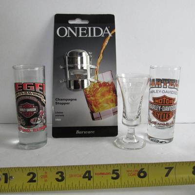 Harley Davidson Shot Glasses, Oneida Champagne Stopper