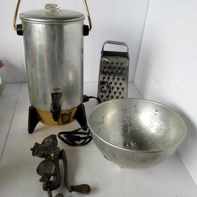 Antique Rollman Mfg Salesman Sample Meat Grinder, 22 Cup Mirro Coffee Maker, More