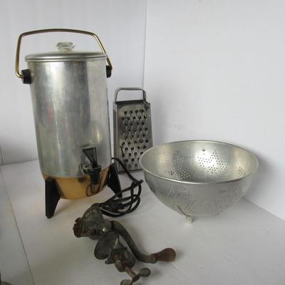 Antique Rollman Mfg Salesman Sample Meat Grinder, 22 Cup Mirro Coffee Maker, More