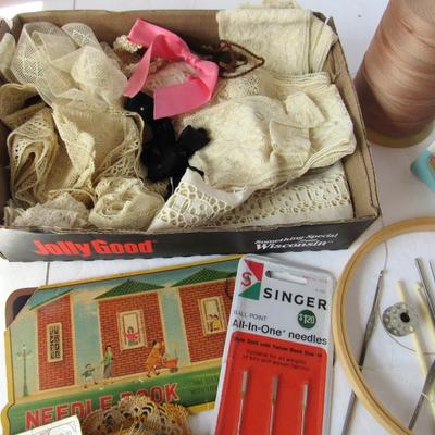 Lot of Vintage Lace Rolls and Sewing Notions, Needles, Etc