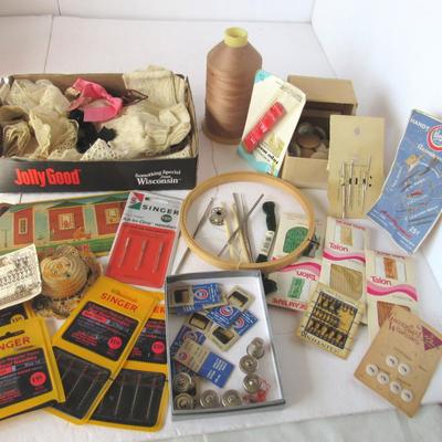 Lot of Vintage Lace Rolls and Sewing Notions, Needles, Etc