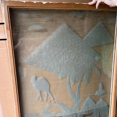 Vintage Egyptian Signed Etched Glass Framed Hanging Panel Pyramid Camels