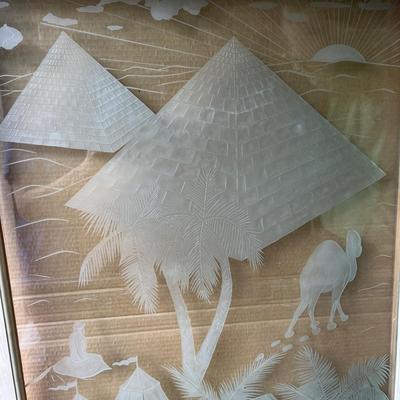 Vintage Egyptian Signed Etched Glass Framed Hanging Panel Pyramid Camels