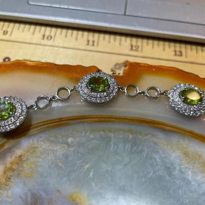 Vintage .925 Sterling Silver Peridot Color Stones & CZ's Bracelet 7-1/2" in Hardly Ever Worn Condition as Pictured.