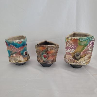 Trio of Artist Signed Ceramic Triangular Vases (G-CE)