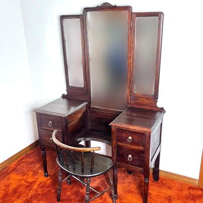 Vintage Solid Wood Vanity with Chair