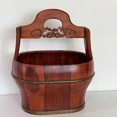 Decorative Wood Slat Bucket With Carved Handle