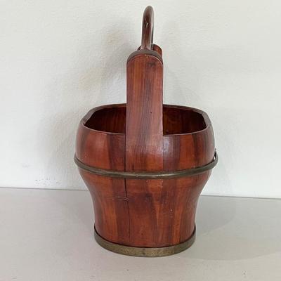 Decorative Wood Slat Bucket With Carved Handle