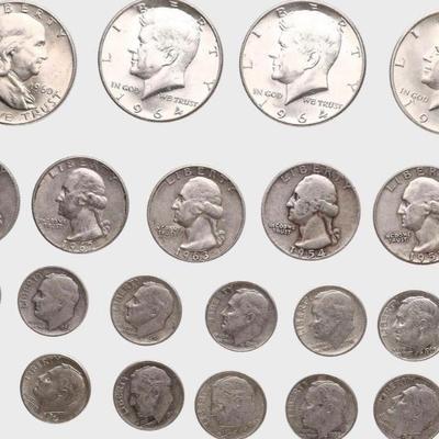 US COINS lot of 28 1950s-1960s Benjamin Franklin’s 50c George Washington 25c Kennedy half dollars 156 grams Good